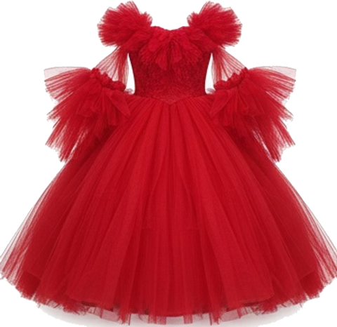 Red Tulle Gown with Ruffled Sleeves